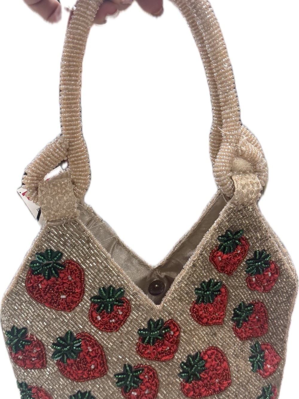Beaded Strawberry Pattern Tote Bag in Beige